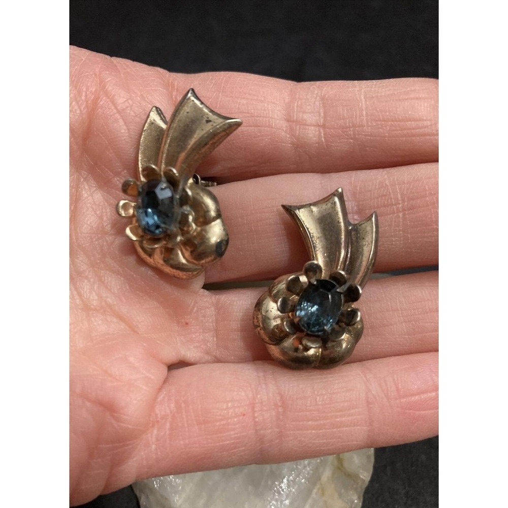 Sterling Silver‎ 925 Blue Rhinestone Screw Back Earrings 10g 1.25'' Tall Vintage